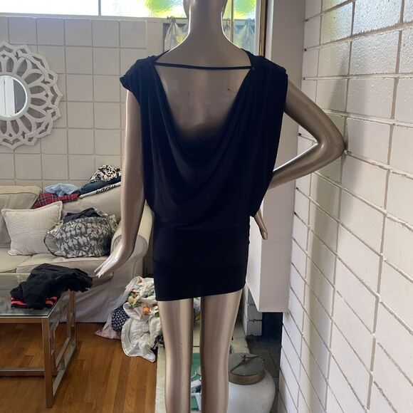 All Saints black viscose body con cowl back mini w/side boob. - Picture 9 of 11